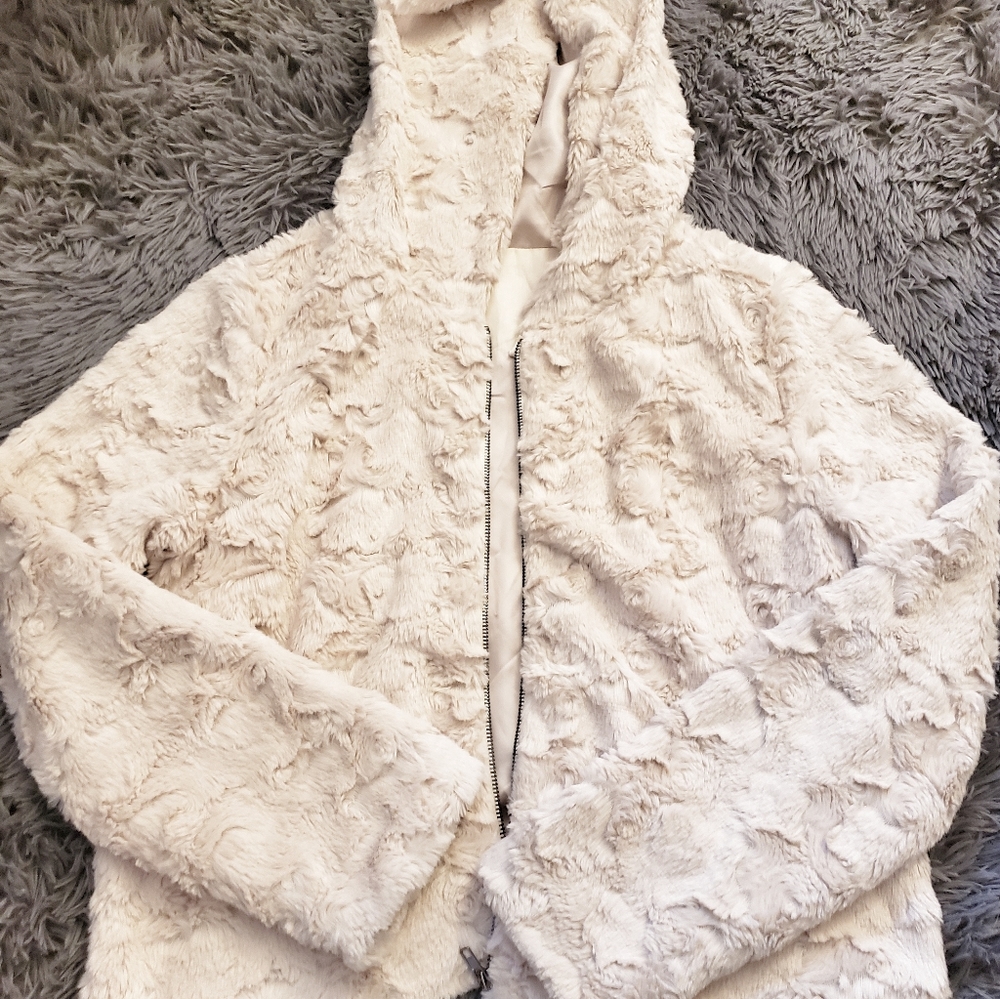 White Hooded Faux Fur Coat
